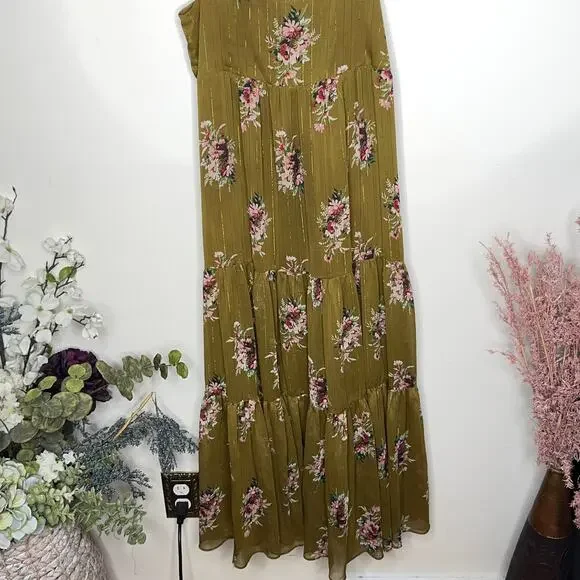 MADEWELL Cami Tier Midi Dress Metallic Classic Floral Olive Green Sz 8 {S53}